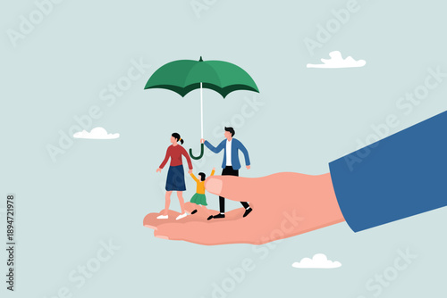 Life insurance, ensuring family members get financial support, the concept of risk protection, beloved family with husband, wife, and children in the helping hand of umbrella protection.