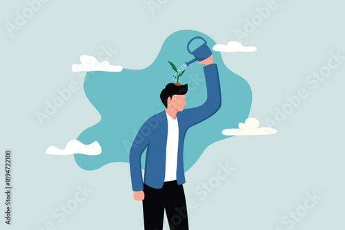 Self-development, growth mindset, positive attitude to learn new knowledge, problem-solving concepts, a smart business learner uses a watering can water the seedlings growing above his head.