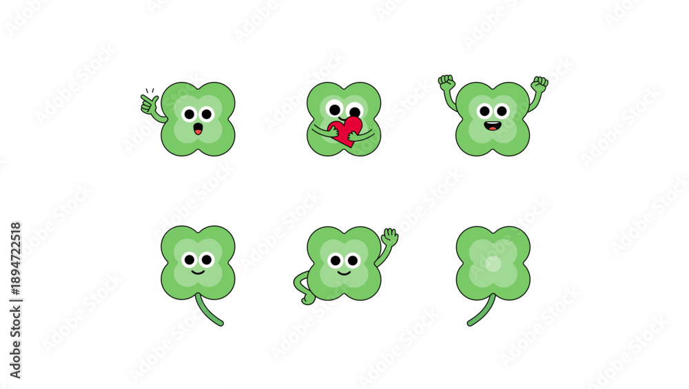Fototapeta premium Lucky four leaf clover character set with various expressions