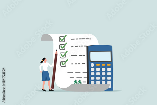 Project cost estimation, calculating budget, financial plan, invoice or tax, expense or loan concept, businesswoman with calculator estimates cost from project documents.