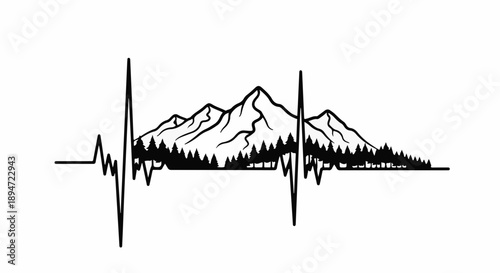 Mountain landscape with heartbeat line, symbolizing love for nature and adventure.