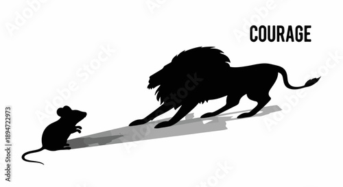 Small mouse bravely faces its lion shadow, symbolizing courage and overcoming fear.