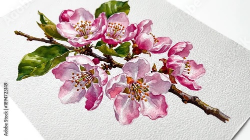 A detailed watercolor painting of a delicate branch adorned with pink blossoms and green leaves