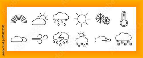 Weather set icon. Cloud, rain, sun, wind, snow, lightning, rainbow, forecast, storm, cold, heat, season, drop, air, climate, temperature