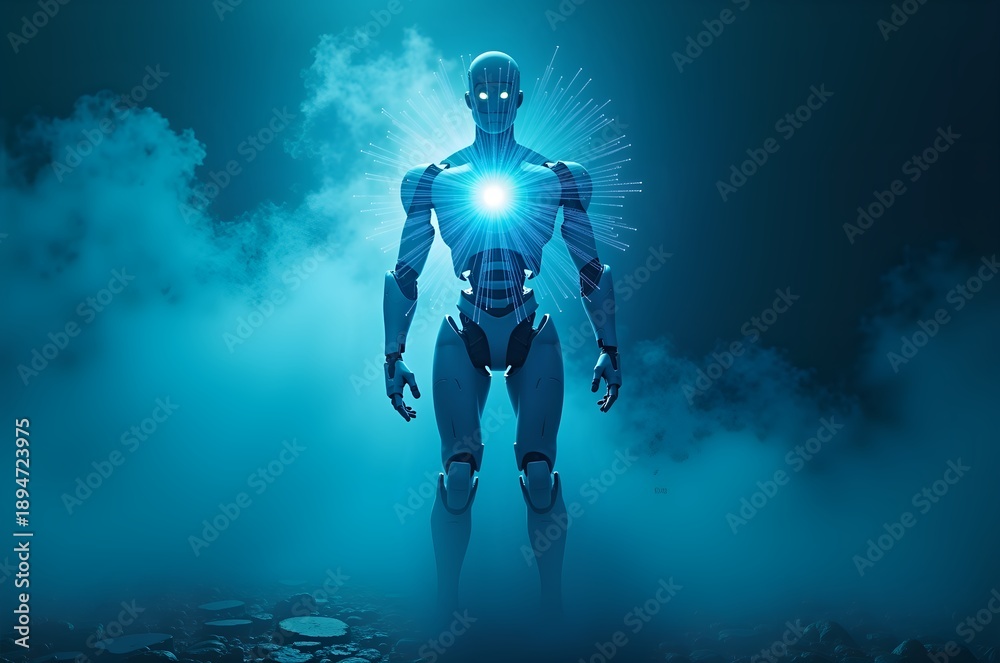Fototapeta premium Blue Robot Figure Radiating Light Against a Dark Backdrop