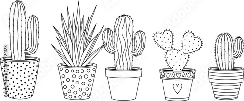 Hand drawn set of minimalist cactus and succulent house plants in decorative polka dot and heart patterned pots line art for modern interior design