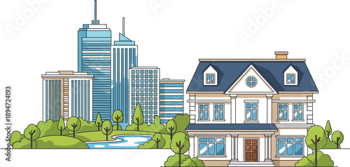 Illustration depicting a detached suburban house situated near a green park contrasting sharply with a backdrop of modern city skyscrapers and urban development