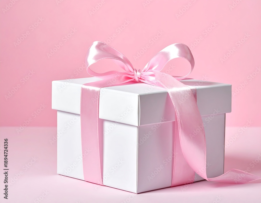 Obraz premium A white gift box adorned with a pink ribbon and bow