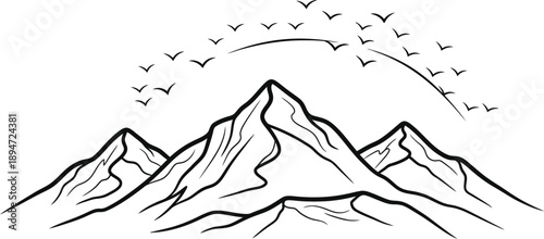 Minimalist line art drawing depicts majestic mountain range peaks soaring upward toward a flock of birds flying in a graceful arc across the bright sky.