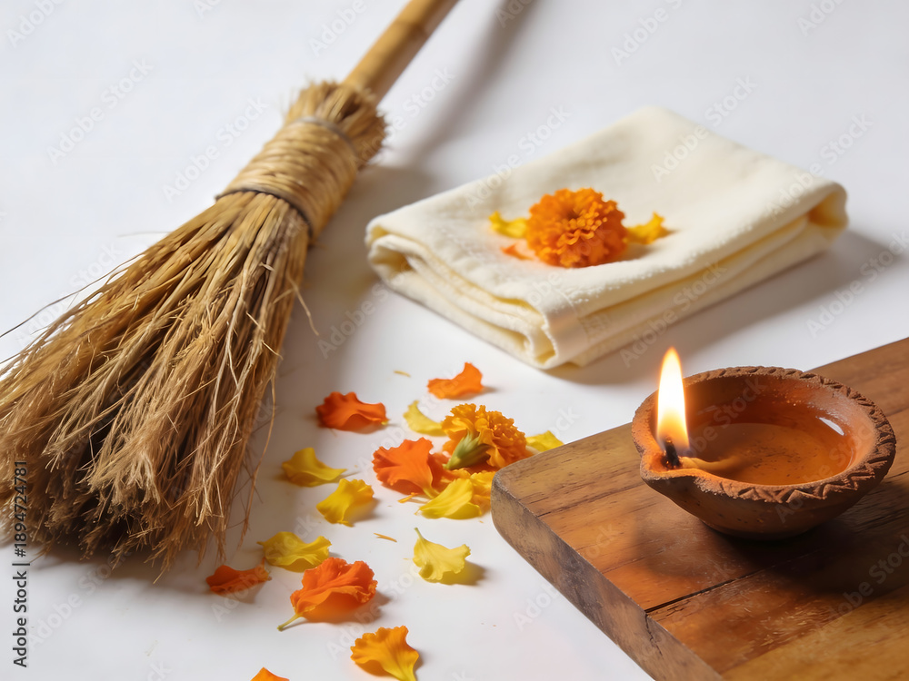 Fototapeta premium Traditional Indian Diya Lamp and Broom with Marigold Petals Keywords: diya, lamp, oil lamp, clay lamp