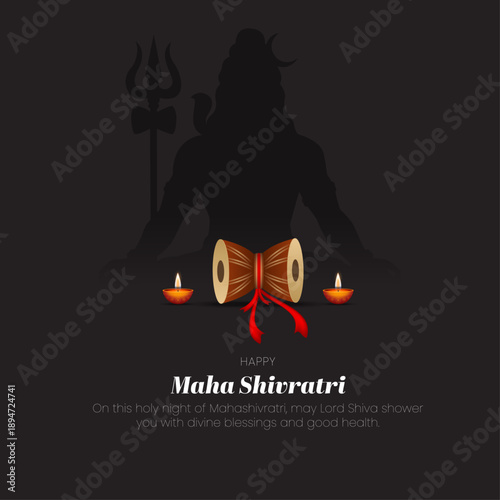Maha Shivratri Greeting with Damru and Lord Shiva Silhouette, vector illustration.