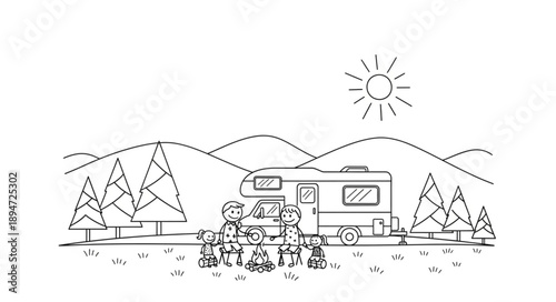 Happy Family Camping Trip in RV with Mountains and Trees.