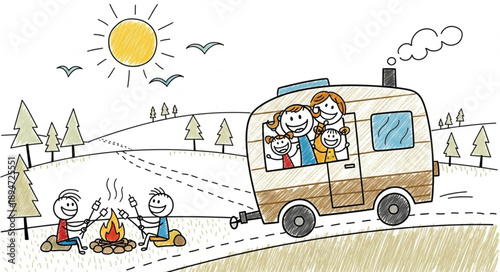 Happy family enjoying a camping trip with a caravan and campfire.