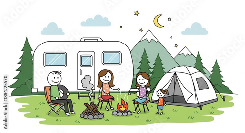Happy family enjoying a camping trip with a caravan and tent.