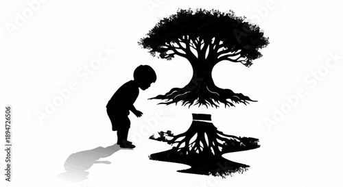 Child contemplates the life cycle of a tree, from growth to decay.