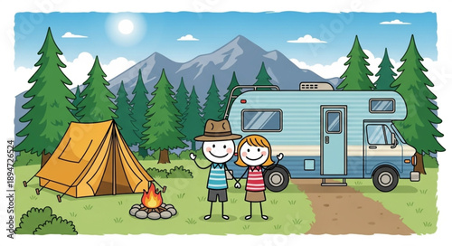 Happy couple enjoying a camping trip with RV and tent.