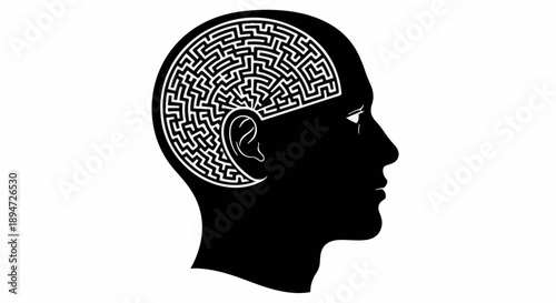 Intricate maze within silhouette of human head symbolizing complex thought or problem-solving.