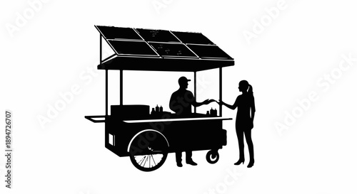 Customer buys food from a vendor at a bustling outdoor kiosk.