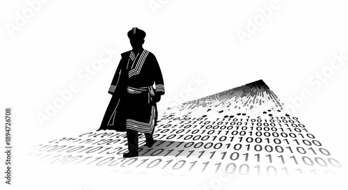 A person in traditional attire walks on a path made of binary code towards a digital landscape.