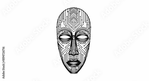 Intricate tribal mask design blending ancient patterns with modern circuitry on a white background