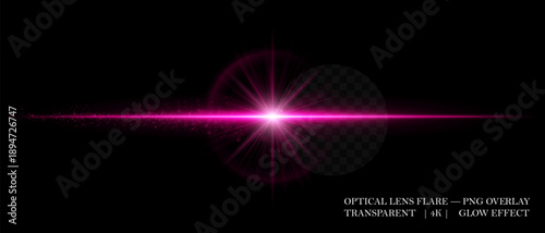 Horizontal optical lens flare with glowing dust and luminous beam. Great for cinematic overlays, highlight accents, and futuristic design compositions.