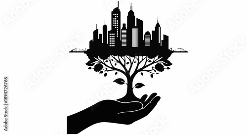 Hand holding a tree with a cityscape growing from its branches, symbolizing urban growth and nature.