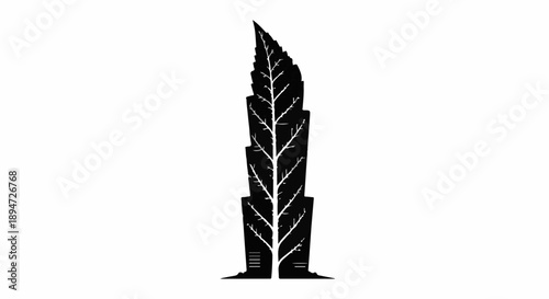 Stylized black leaf shaped skyscraper silhouette against white background.