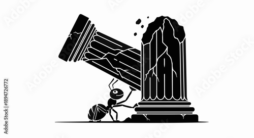 Tiny ant struggles to support a crumbling ancient column, symbolizing immense effort and fragility.