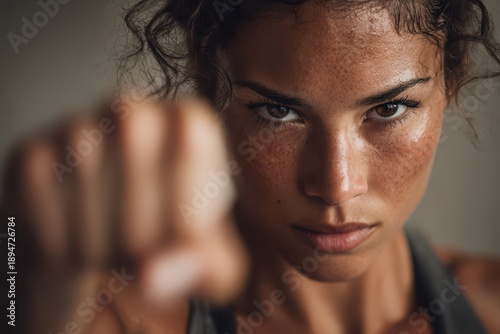 Dynamic portrait of a determined woman athlete in a ready stance during gym workout