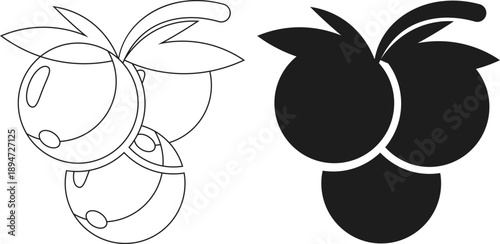 Outline and silhouette of three purple berries with leaves, simple vector art