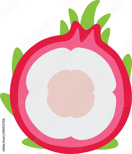 Cross-section of a pink dragon fruit with white flesh and pale center, flat illustration