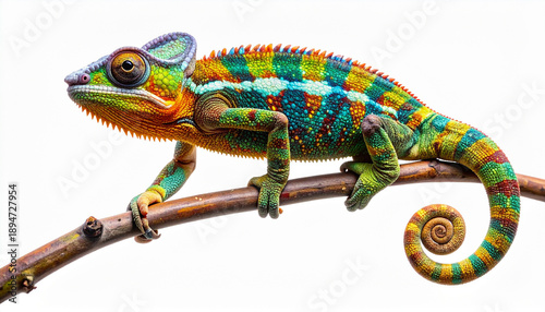 Colorful chameleon perched on a branch, isolated on white background, vibrant reptile with detailed textured skin.