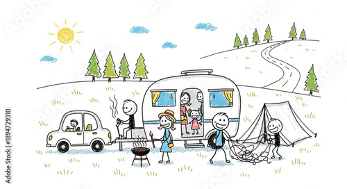 Happy stick figure family enjoying a camping trip with a caravan and tent.