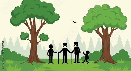 Happy family holding hands in a park with trees.
