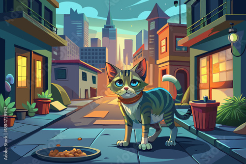 Pathetic homeless cat wandering the city streets looking for food highlighting pet rescue hungry stray cats emotional documentary scene urban animal welfare