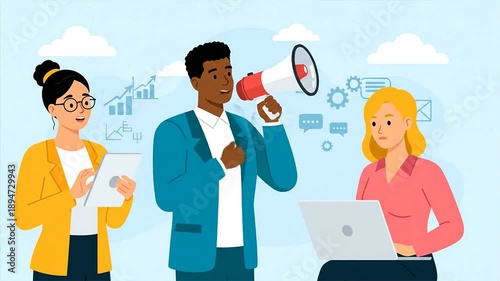 Diverse team with megaphone tablet magnifying glass business concept