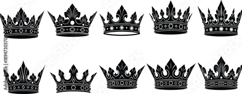 Collection of Ornate Black Royal Crown Silhouettes Featuring Various Majestic King and Queen Designs for Heraldic Logos Luxury Branding Jewelry Illustration and Imperial Graphic Projects