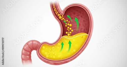 Acid Reflux Mechanism Illustration: Gastric Juice Flowing Up the Esophagus, Representing GERD and Heartburn Symptoms for Health Education.