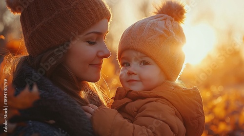 A mother lovingly embraces her toddler amidst autumnal foliage, bathed in the warm glow of sunset
