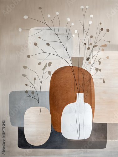 Minimalist Abstract Still Life With Decorative Vases: Modern Composition Featuring Ceramic And Clay Vessels With Stylized Leaves And Organic Shapes In Soft Neutral Tones