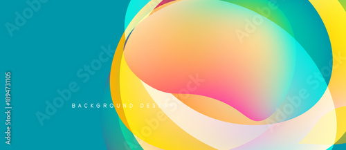 Abstract colorful shapes overlap, creating dynamic visual effect. Teal background complements vibrant orange, yellow hues. Modern design.