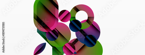 Abstract composition featuring overlapping colorful circles, gradients. Modern design, vibrant hues, minimalist aesthetic. Clean background enhances shapes.