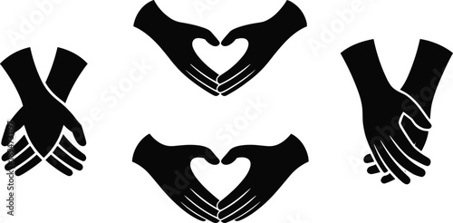 Romantic and symbolic hand gesture silhouettes, heart shapes and crossed wrists, perfect for love, unity, connection, couple themes, vector design