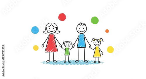 Happy stick figure family holding hands with colorful dots.