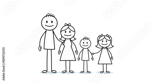 Happy stick figure family of four illustration.