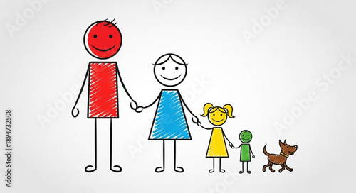 Happy stick figure family with dog illustration.