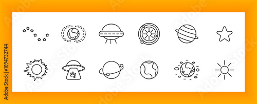 Space set icon. Planets, sun, UFO, satellite, stars, orbit, solar system, light rays, comet, and space-related elements in astronomy and galactic context.