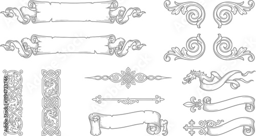 Elegant Ornate Decorative Elements Collection Featuring Vintage Scroll Banners, Flourishes, and Classic Design Accents for Various Projects