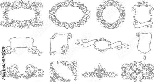 Sophisticated collection of classic ornate frames, decorative borders, antique banners, and intricate scrollwork vector elements