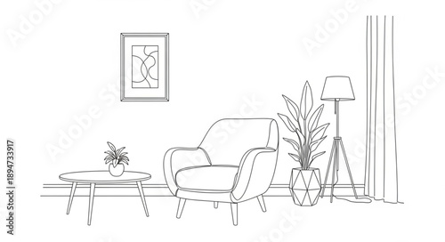Interior sketch of a cozy living room with armchair and plants.